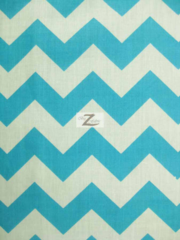 Poly Cotton Fabric 1" Zig Zag Chevron / Turquoise/White / 50 Yard Bolt