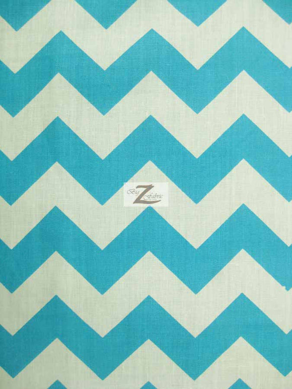 Poly Cotton Fabric 1" Zig Zag Chevron / Turquoise/White / 50 Yard Bolt