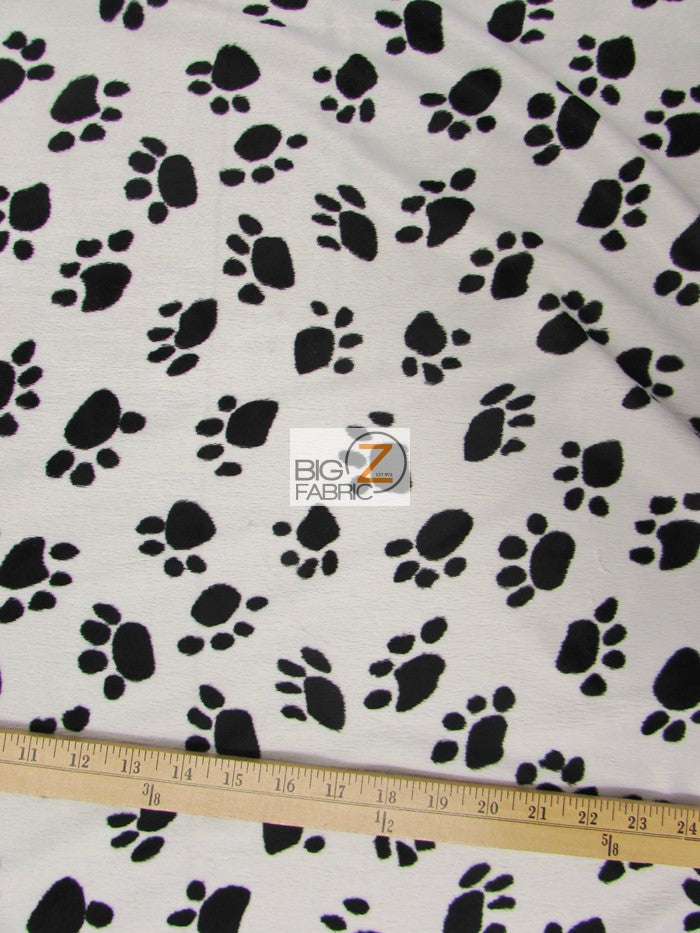 White/Black Velboa Animal Paw Short Pile Fabric / Sold By The Yard